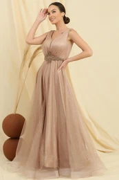By Sayg V Neck Waist Stoned Lined Top Glitter Inside Satin Long Princess Dress