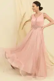 By Sayg V Neck Waist Stoned Lined Top Glitter Inside Satin Long Princess Dress