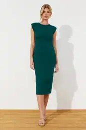 Green Fitted Midi Pencil Skirt Woven Dress