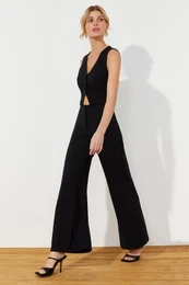 Black Wide Leg Window Detailed Maxi Woven Jumpsuit
