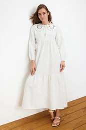 Ecru Embroidery Detailed Linen Look Woven Dress