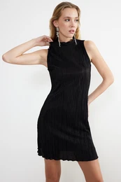 Black A-Cut Lined Pleated Knitted Short Elegant Evening Dress