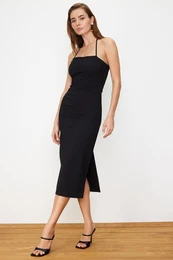 Black Body-Fitting Slit Maxi Pencil Skirt Woven Dress