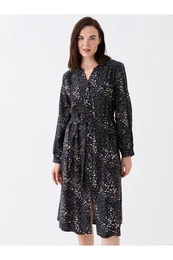 Loose Collar Patterned Long Sleeve Women's Shirt Dress