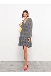 V-Neck Patterned Long Sleeve Chiffon Women's Dress