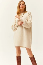 Women's Stone Crew Neck Balloon Sleeve Soft Textured Knitwear Tunic Dress