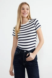 Navy Blue Striped Viscose/Soft Fabric Stretchy Knitted Blouse
