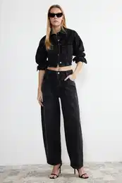 Black Stitch Detail High Waist Barrel Jeans