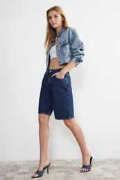 Blue High Waist Denim Bermuda