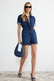 Dark Blue Elastic Waist Denim Shorts Jumpsuit