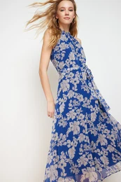 Navy Blue Floral Print Belted A-line Halter Neck Sleeveless Midi Lined Woven Dress