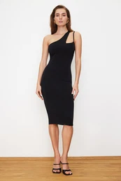 Black One Sleeve Fitted Midi Stretchy Knitted Midi Pencil Dress
