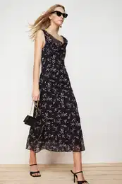 Black Floral Degaje Collar Chiffon Lined Midi Woven Dress