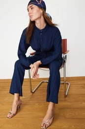 Navy Blue Crinkle Shirt Trousers Woven Bottom Top Set