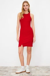 Red Slit Detailed Fitted Halter Neck Mini Flexible Knitted Pencil Dress