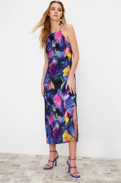 Multicolor Floral Print Straight Cut Halter Neck Midi Satin Lined Woven Dress
