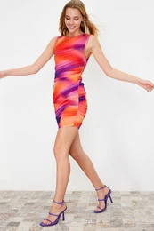 Multicolored Mini Gathered Zero Sleeve Flexible Knitted Pencil Dress