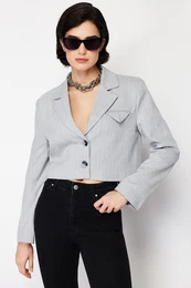Gray Polyviscon Striped Crop Premium Woven Blazer Jacket