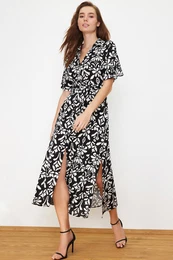 Black Belted Slit Floral Patterned Midi Woven Shirt Dress