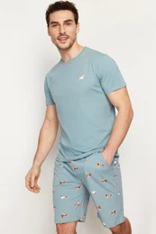Blue Regular Fit Printed Knitted Shorts Summer Pajamas Set