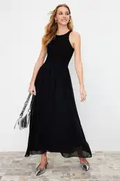 Black Maxi Halter Collar Lined Knitted Woven Mixed Dress