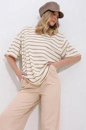 Trend Alaat Stili Women's Milk Coffee Crew Neck Ribbed Striped 2 Thread Unisex T-Shirt