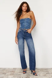 Dark Blue Wash Effect Normal Waist Wide Leg Jeans