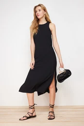 Black Straight Cut Sleeveless Midi Seersucker Woven Dress