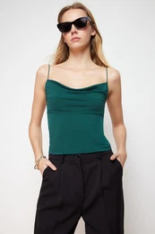 Emerald Green Fitted/Slippery Turndown Collar Flexible Knitted Blouse