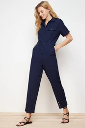 Navy Blue Button Detailed Maxi Woven Jumpsuit