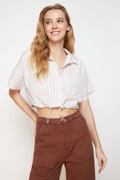 Beige Striped Woven Shirt with Elastic Hem and Stopper