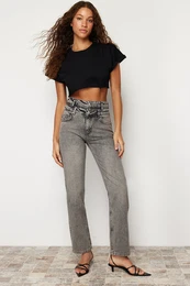 Anthracite Double Belted High Waist Wide Leg Jeans