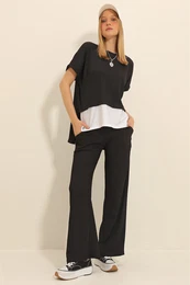 Trend Alaat Stili Women's Black Crew Neck Garnish Blouse And Palazzo Trousers Double Crinkle Suit