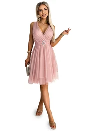 Women's tulle dress with neckline and decorative buckle