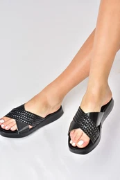 Black Genuine Leather Cross Band Women's Slippers