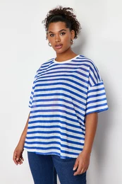 Curve White-Blue Striped Transparent Oversize Knitted Linen Look Blouse