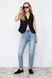Blue High Waist Slim Mom Jeans