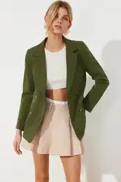 Dark Khaki Regular Lined Double Breasted Closure Woven Blazer Jacket