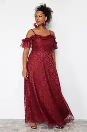 Curve Burgundy Strappy A-Line/Flared Lace Maxi/Long Length Evening Dress/Graduation/Engagement/Evening Dress