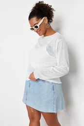 Curve White Linen Look Transparent Knitted Blouse