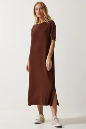 Happiness stanbul Women's Brown Crew Neck Knitted Ribbed Dress