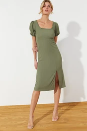 Khaki Square Collar Balloon Sleeve A-Line Slit Detailed Wrap/Textured Midi Knitted Dress