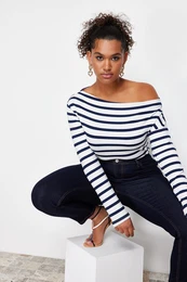 Curve Navy Blue Striped Premium Soft Fabric Fitted Boat/Madonna Neck Stretchy Knitted Blouse