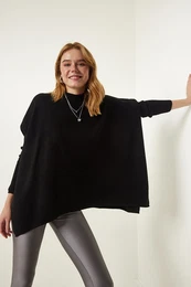 Happiness stanbul Black High Neck Slit Knitwear Poncho Sweater