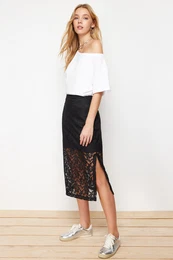 Black Lining Detailed Lace Midi Length Woven Skirt