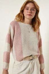 Happiness stanbul Cream Powder Striped Seasonal Knitwear Sweater