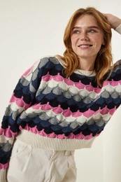 Happiness stanbul Cream Pink Textured Seasonal Knitwear Sweater