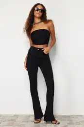 Black Cuff Detail High Waist Skinny Flare Jeans
