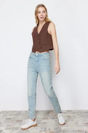 Blue Faded Effect Vintage High Waist Slim Mom Jeans