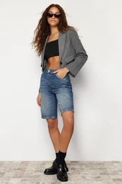 Blue High Waist Denim Bermuda